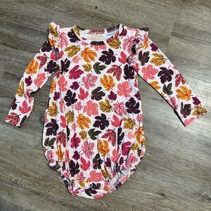 Posh Peanut Girls 2T Autumn Leaves Bubble Romper Long Sleeve Bamboo Pink